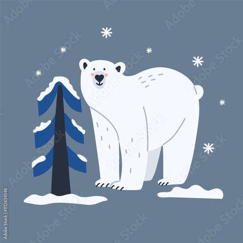 Arctic animal. Polar bear. Northern cute inhabitant. Character in snow forest. T-shirt print, card or poster. Childish and baby decorative cute cartoon flat isolated north wildlife fauna illustration