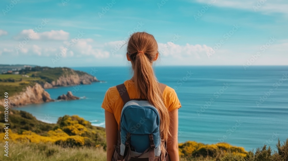 Woman with Backpack Enjoying Scenic View of Ocean and Coastline under Bright Clear Sky during Daytime Woman with Backpack Enjoying Scenic View of Ocean and Coastline under Bright Clear Sky during Daytime