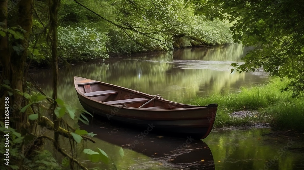 Wooden Rowboat Moored in a Verdant Forest River Wooden Rowboat Moored in a Verdant Forest River