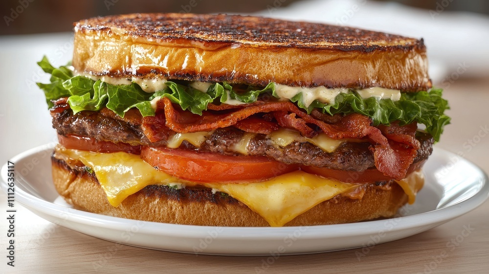 A gourmet burger with layers of fresh lettuce, juicy tomato, and melted cheese, isolated on a white plate. The golden toasted bun and vibrant ingredients pop vividly against the clean background. A gourmet burger with layers of fresh lettuce, juicy tomato, and melted cheese, isolated on a white plate. The golden toasted bun and vibrant ingredients pop vividly against the clean background.