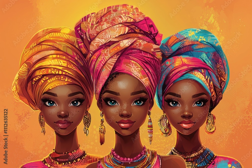 Obraz premium Vibrant cartoon illustration of women in colorful traditional attire