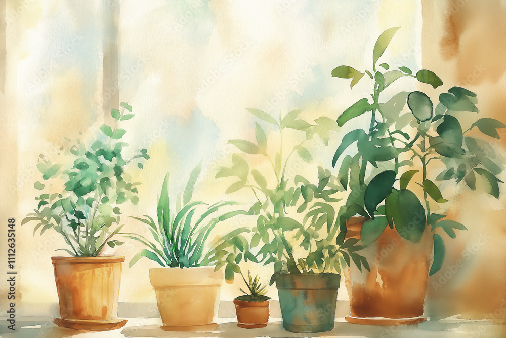 Watercolor illustration of potted houseplants in ceramic and terracotta pots on a shelf, featuring vibrant green leaves, soft light, and warm earthy tones creating a serene botanical interior setting Watercolor illustration of potted houseplants in ceramic and terracotta pots on a shelf, featuring vibrant green leaves, soft light, and warm earthy tones creating a serene botanical interior setting