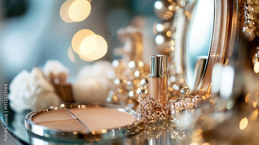 Elegant Makeup Display with Mirror and Glamorous Accessories on a Glass Surface Surrounded by Soft Bokeh Lights and Textures in a Chic Environment Elegant Makeup Display with Mirror and Glamorous Accessories on a Glass Surface Surrounded by Soft Bokeh Lights and Textures in a Chic Environment