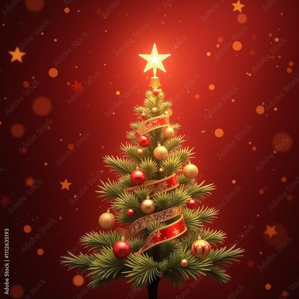 Lit evergreen tree with ornaments, golden ribbon, and glowing star creating a festive atmosphere. Lit evergreen tree with ornaments, golden ribbon, and glowing star creating a festive atmosphere.
