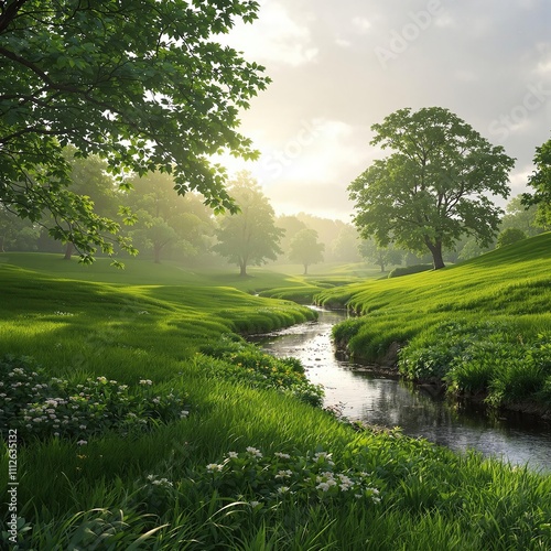 A peaceful green landscape with a gentle stream running through it, nature sounds, outdoor scenery, natural scenery, water feature