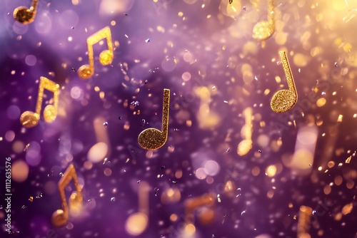 Floating golden music notes against a violet xmas background, creating a magical and musical atmosphere