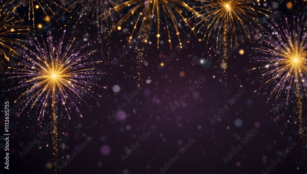 Golden fireworks bursts against a dark purple background. Many sparkles.
Golden fireworks bursts against a dark purple background. Many sparkles.