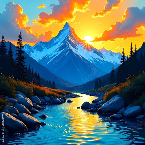 A Landscape With Snowy Mountains And A River At Sunset