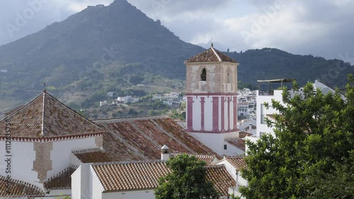 Church belltower in Gaucín located near Ronda, Málaga, Andalusia, Spain