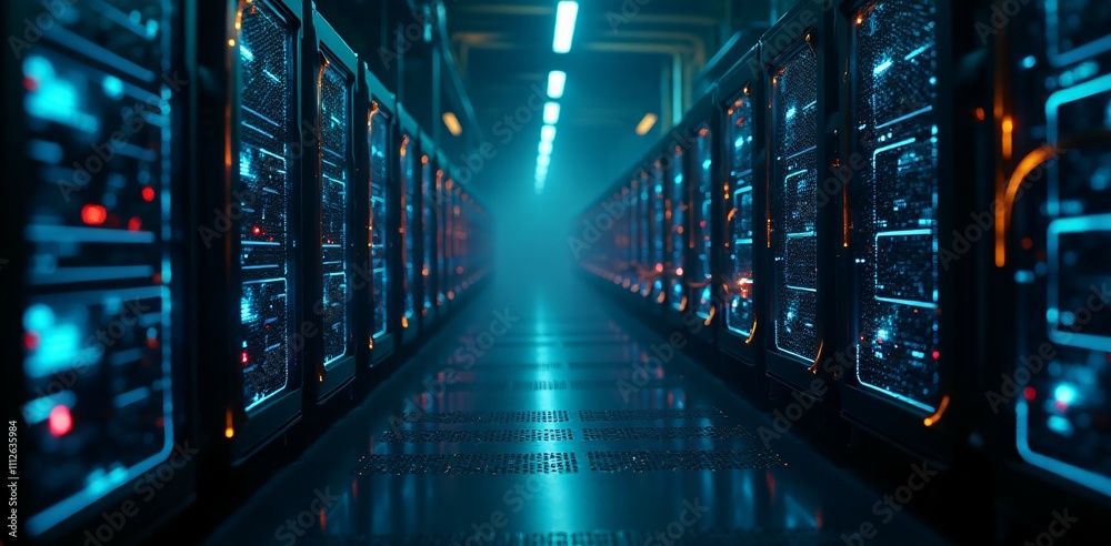 A cryptocurrency mining farm with glowing machines, data streams, and neon lights, representing the world of digital mining. A cryptocurrency mining farm with glowing machines, data streams, and neon lights, representing the world of digital mining.