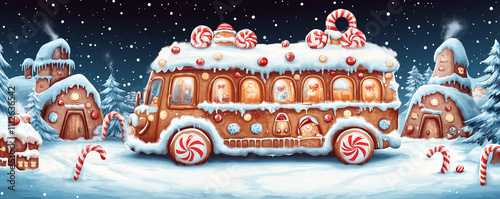 Whimsical gingerbread bus with candy cane wheels, frosting, and snow covered windows