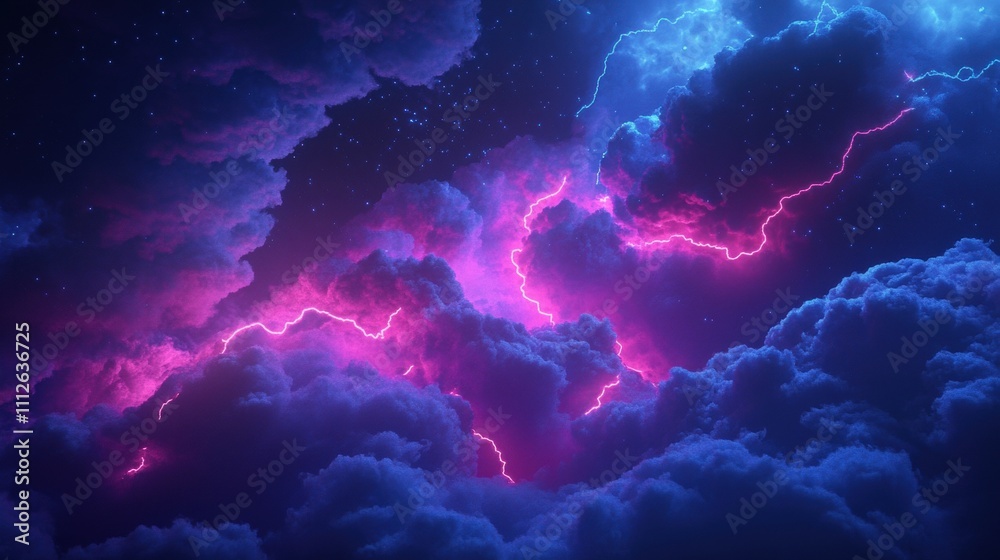 Obraz premium Dramatic purple and blue clouds illuminated by lightning in a vibrant night sky.