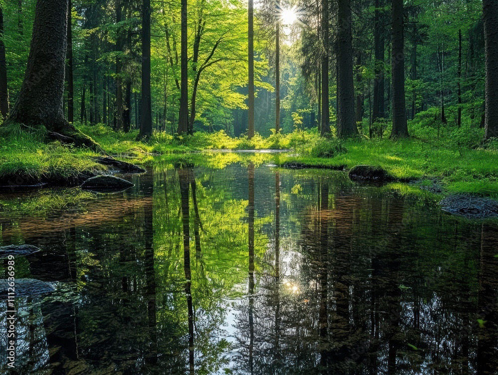 Serene forest scene with a reflective stream and sunlight filtering through trees. Serene forest scene with a reflective stream and sunlight filtering through trees.