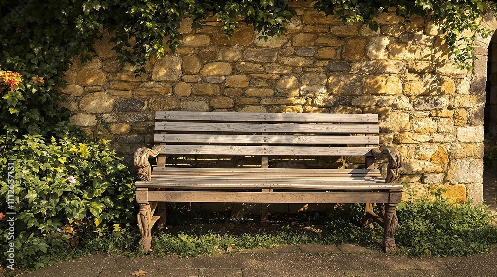 A rustic wooden bench with a weathered finish against a stone wall, cozy cottage exterior, countryside, scenic A rustic wooden bench with a weathered finish against a stone wall, cozy cottage exterior, countryside, scenic