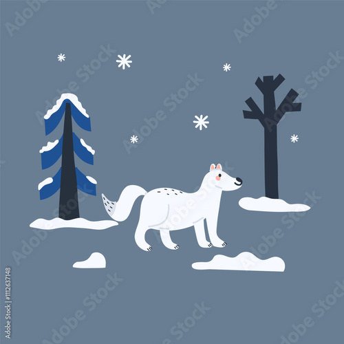 Arctic animal. Polar fox. Northern cute inhabitant. Character in snow forest. T-shirt print, card or poster. Childish and baby decorative cute cartoon flat isolated north wildlife fauna illustration