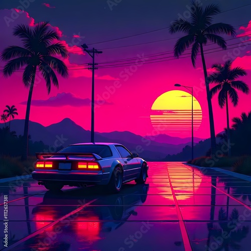 A Retrowave Illustration With Palm Trees And A Car From The Back At Sunset