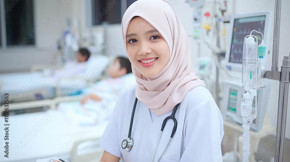 A young doctor in a hijab and with a stethoscope around her neck helps sick patients recover in a free clinic A young doctor in a hijab and with a stethoscope around her neck helps sick patients recover in a free clinic