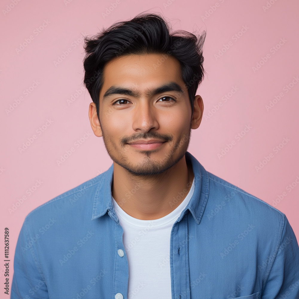 Stylish portrait of a man with black hair and subtle stubble, dressed in a blue shirt and white t-shirt, photographed against a vibrant pink background Stylish portrait of a man with black hair and subtle stubble, dressed in a blue shirt and white t-shirt, photographed against a vibrant pink background