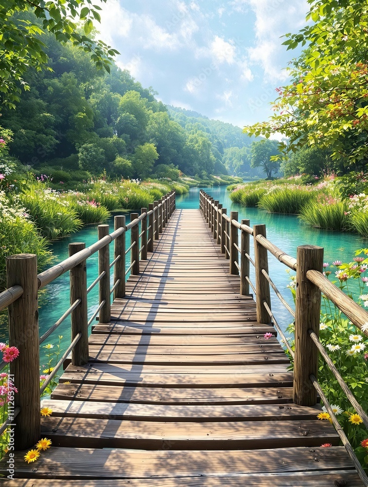 Obraz premium A scenic wooden bridge spanning a clear river with a lush summer backdrop, wooden bridge, river, outdoors