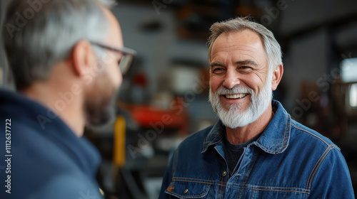 Smiling mechanic explaining affordable repair options with joy