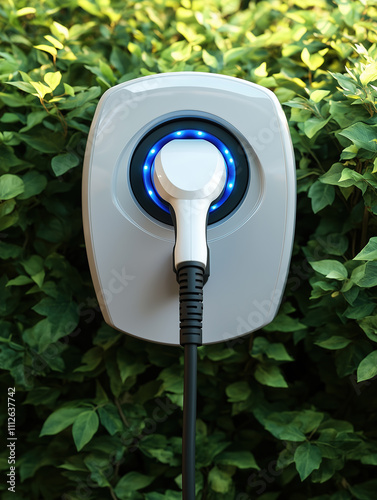 A white electric car charging station is mounted on a wall, surrounded by green bushes