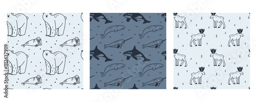 Arctic animals seamless pattern set. Doodle Polar birds and mammals. Northern cute inhabitants. Textile, wrapping paper, wallpaper design. Print for fabric Cartoon flat isolated north fauna background