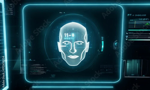 Human face data in computer, scanning brain. Portrait of artifical intelligence robot.
