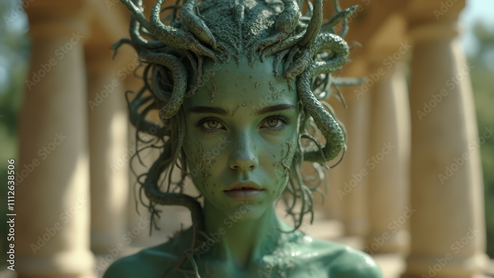 A woman with a green body paint and a snake on her head A woman with a green body paint and a snake on her head