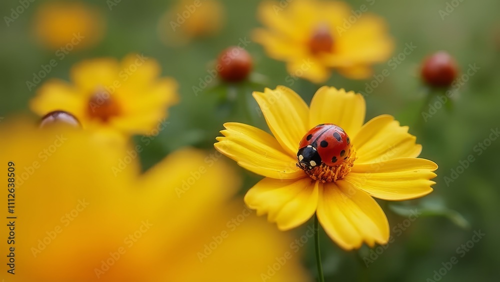 A ladybug sitting on a yellow flower in a field of yellow flowers A ladybug sitting on a yellow flower in a field of yellow flowers