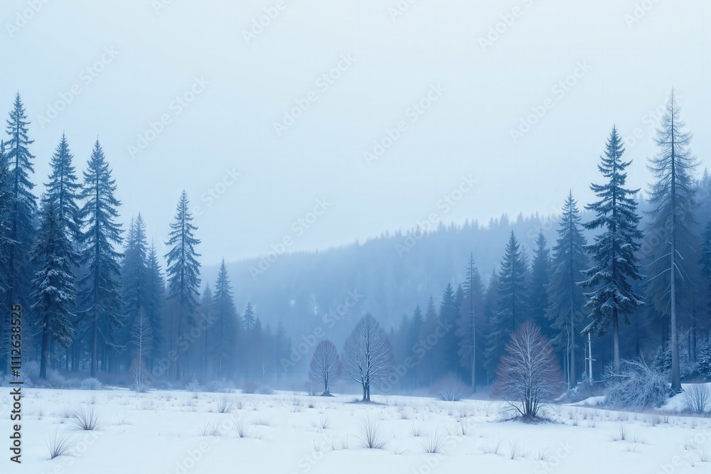 Tranquil winter landscape with snow-covered forest and frosty atmosphere in serene nature setting. Tranquil winter landscape with snow-covered forest and frosty atmosphere in serene nature setting.