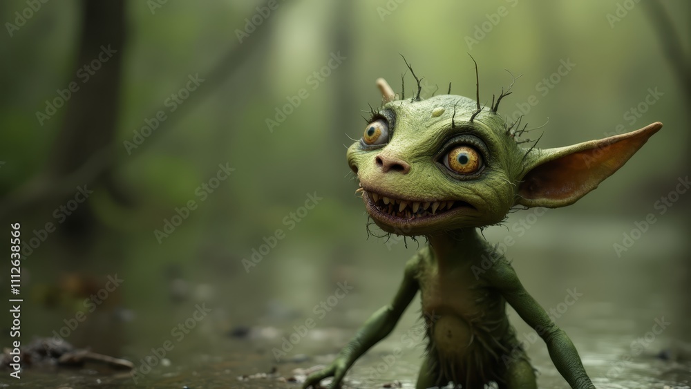 Fototapeta premium A small green creature standing in a puddle of water