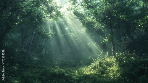 Serene forest with sunlight filtering through lush green trees.