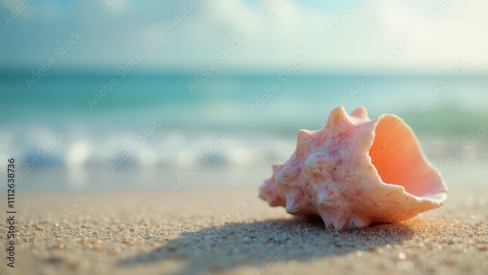 A pink conch shell on the beach with the ocean in the background A pink conch shell on the beach with the ocean in the background