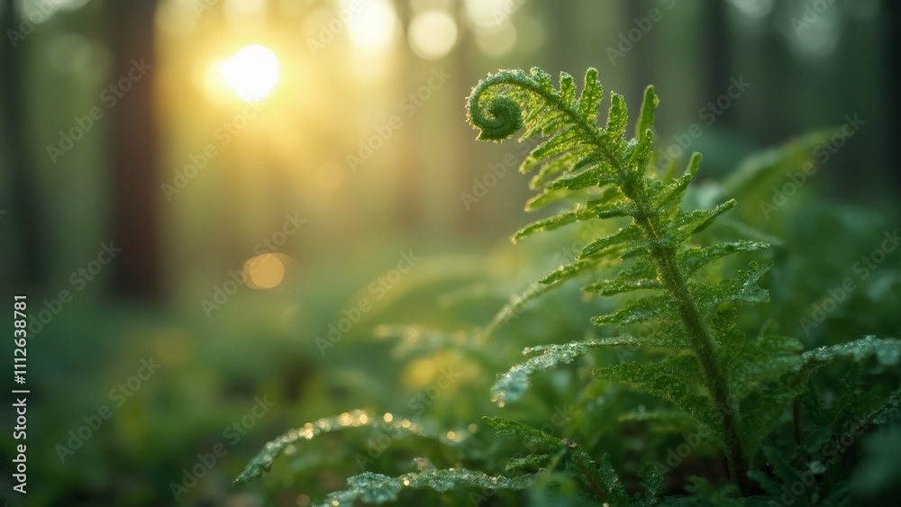 A fern leaf with water droplets on it in the woods A fern leaf with water droplets on it in the woods