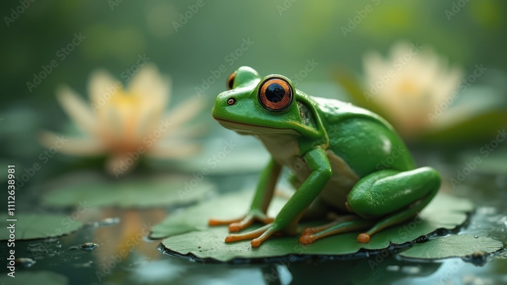Naklejka premium A green frog sitting on top of a lily pad