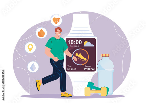 Man with running tracker. Young guy runs near smart watch. Active lifestyle and sports, cardio training. Athlete and sportsman runs. Flat vector illustration