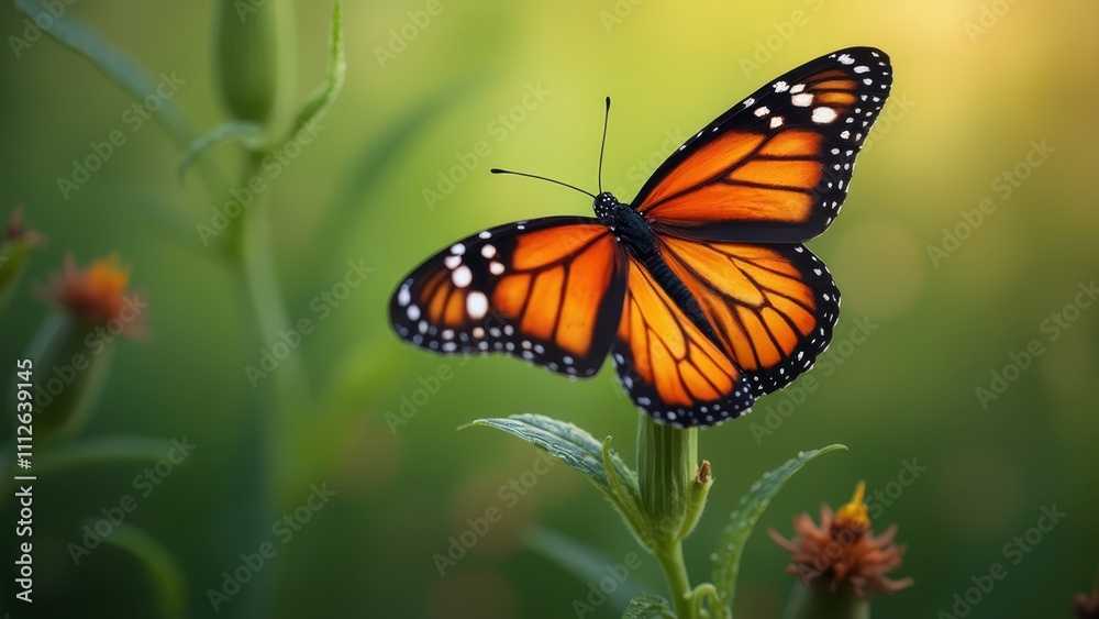 A butterfly sitting on top of a green plant A butterfly sitting on top of a green plant