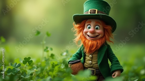 A leprechaun in a green suit and hat standing in a field of shamrocks photo