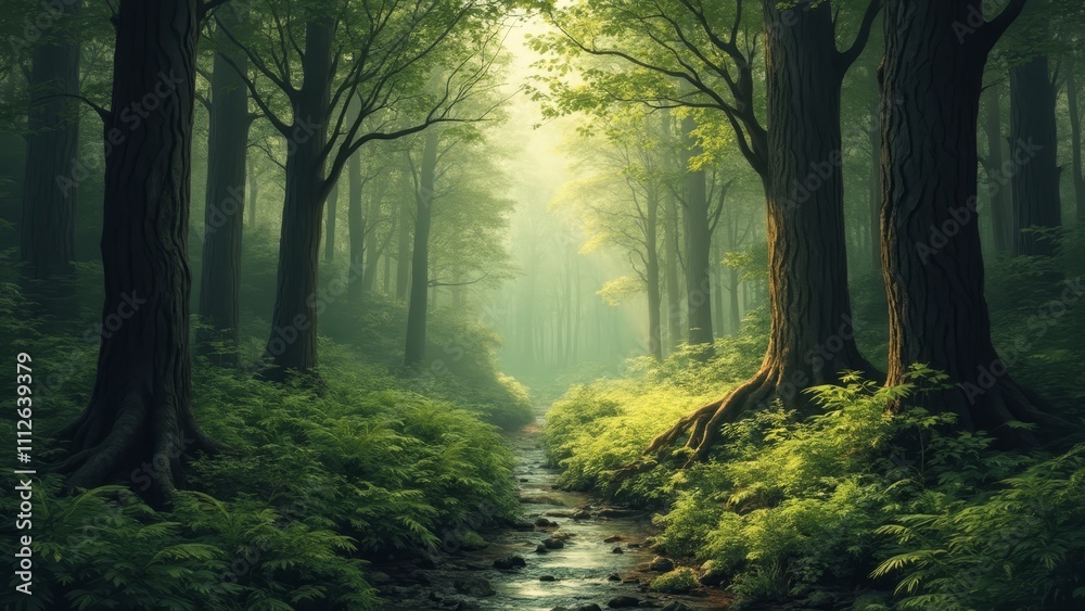 A stream running through a lush green forest A stream running through a lush green forest