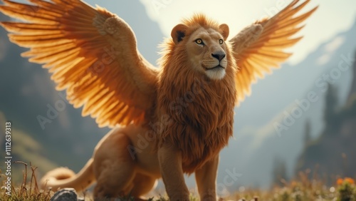 A lion with wings standing in a grassy field photo