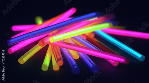 A vibrant mix of colorful glow sticks scattered on a dark surface, creating a festive and lively atmosphere. photo