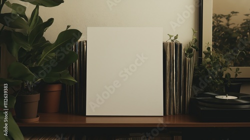 Blank vinyl record cover in cozy home setting with plants for design mockup