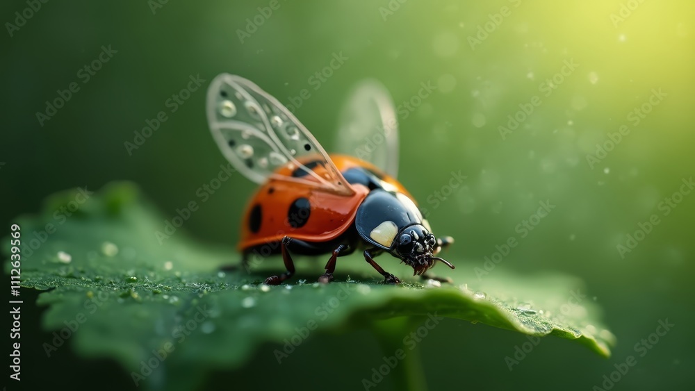 Fototapeta premium A ladybug sitting on top of a green leaf