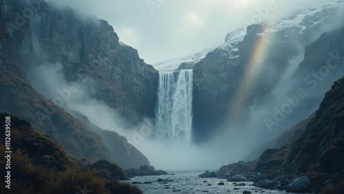 A waterfall in the middle of a mountain with a rainbow in the sky