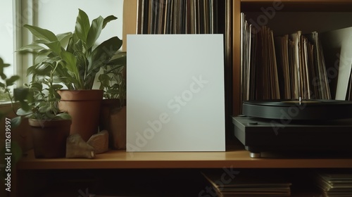 Blank vinyl record cover on wooden shelf with plants and turntable for mockup design