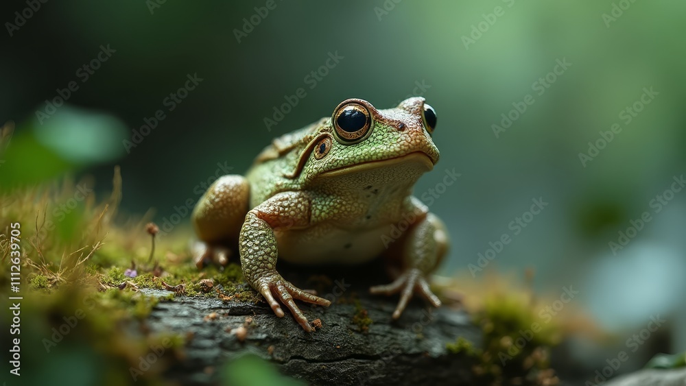 A green frog sitting on top of a moss covered log A green frog sitting on top of a moss covered log
