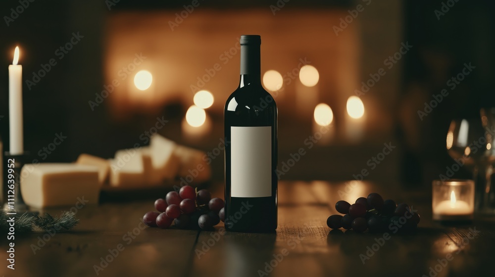 Blank wine bottle label with grapes and cheese on rustic table for product design Blank wine bottle label with grapes and cheese on rustic table for product design