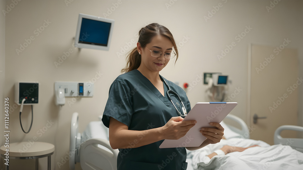 A nurse in scrubs, holding a clipboard and checking a patient’s vitals in a hospital room. A nurse in scrubs, holding a clipboard and checking a patient’s vitals in a hospital room.
