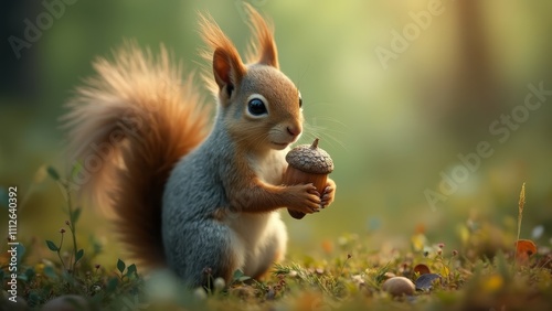 A squirrel holding an acorn in its paws