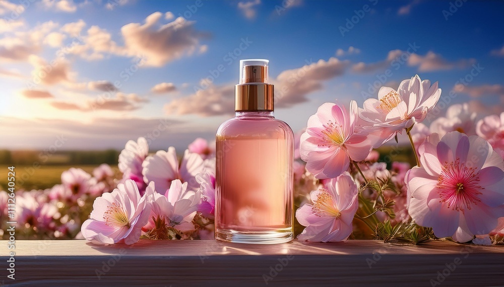 Pink perfume bottle amidst blooming flowers at sunset. Pink perfume bottle amidst blooming flowers at sunset.